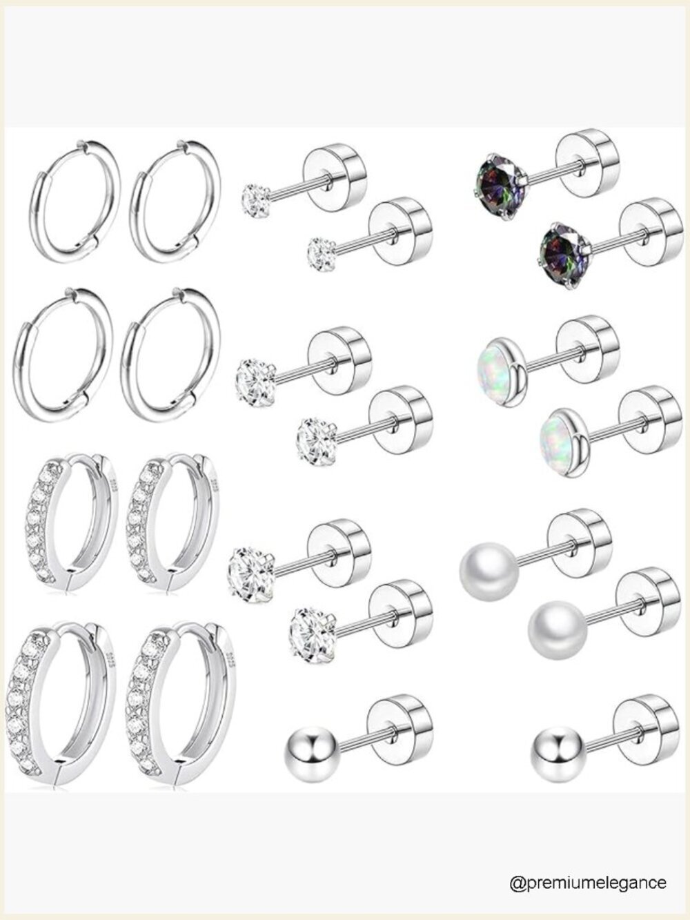 7 Pairs Flat Back Stud & 4 Hoop Earrings Set, Hypoallergenic Surgical Steel,
